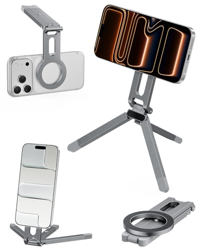 Image of iWALK Magnetic Foldable Metal Phone Stand for iPhone, Strong Magnet Mini Cell Phone Tripod Stand for Vlog, Gym, Travel Essentials Compatible with iPhone 17, 16, 15, 14, 13, 12 Series, Silver