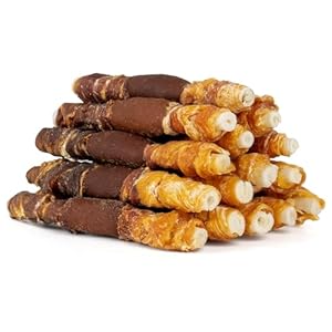 MON2SUN Dog Treats, Triple Flavor 5 Inch Chicken Liver Duck and Chicken Wrapped Rawhide Snacks for Small and Medium Dogs, 10.58 Oz (15 Count-Pack of 1)