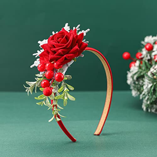 Catery Christmas Headbands Reindeer Antler Headband Xmas Red Flower Head Hoop Headpiece Deer Berries Headdress Xmas Head Band Christmas Cosplay Party Headwear for Women and Girls