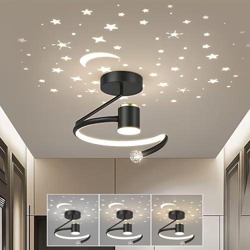 KZT LED Deckenleuchte Dimmbar Moderne Acryl Deckenlampe 24W Schwarz Creative Flurampe 2400LM Sternenhimmel Projektion Deckenbeleuchtung Sternen Design Hängelampe für Balkon Treppenhaus Küche Gang