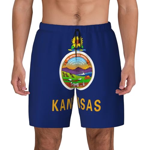 Kansas State Flag Mens Double Polyester Swimsuit Trunks Swim Shorts with Compression Liner and Patch Pocket.