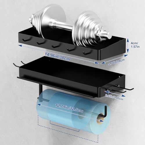 Image of Taozun Garage Paper Towel Holder, 2 Pack Garage Organization, 12 inch Paper Towel Holder, Shop Shelf Wall Mount with 8 Hooks for Tool Room(Black)