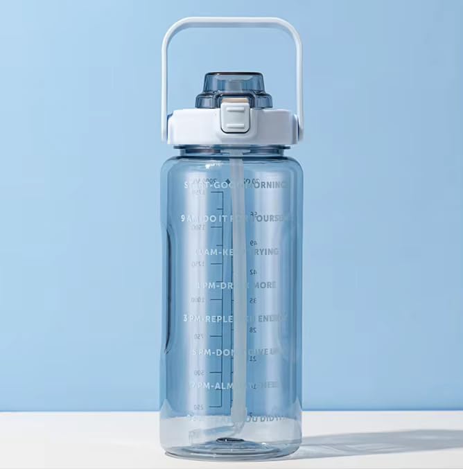 Image of 4Mura 2 L Capacity Belt Straw Transparent Motivational Water Bottles|Time Marker Leak Proof&Break-Proof|Best Usage For Office /School /Gym /Travel Bottle|Bpa-Free Fitness Sports Bottle (BLUE)