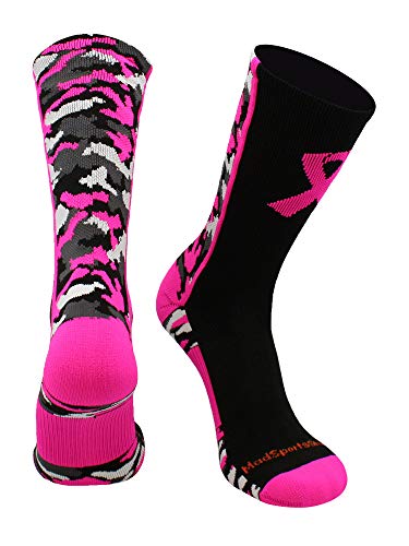 MadSportsStuff Pink Ribbon Breast Cancer Awareness Camo Crew Socks for Football Basketball Boys Girls Men Women Youth Adult