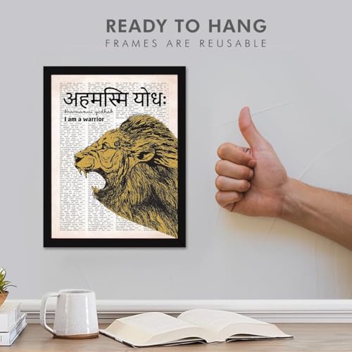 Image of Chaka Chaundh -Unique Sanskrit Quotes Art - Lion Motivational Sanskrit Quotess Framed Poster - Inspirational Quotess for Student study room - 14 X 11 inches - I am a warrior