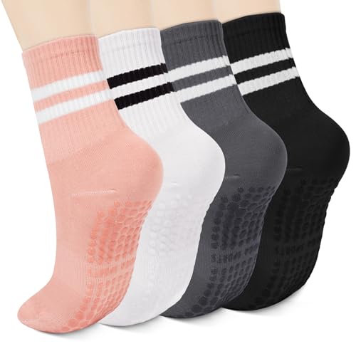 usefulpro Pilates Socks for Women with Non Slip Grippers, Yoga Socks for Barre Workout Hospital Gym (Pink/White/Dark Grey/Black)