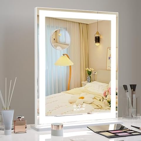 BEAUTME Vanity Mirror 16x19.5 Inch,Makeup Mirror with Lights,Hollywood Mirror,LED Mirror for Bedroom,Aluminium Frame,Tabletop/Wall Mount,Horizontal/Vertical,White Cover