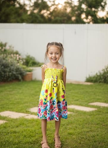 Girls Bohemian Dresses Floral Sleeveless Rainbow Beach Sundress with Necklace 2-12T3