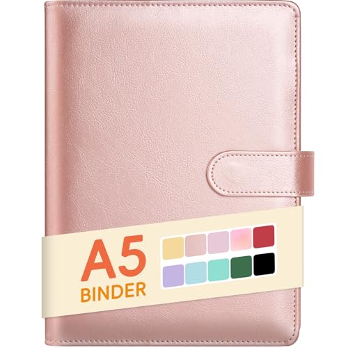 Image of Sooez A5 Notebook Photocard Binder, 6-Ring Planner with Stylish Design, Loose Leaf Personal Organizer Cover with Magnetic Buckle, PU Leather Binder with Macaron Colors (Rose Gold)