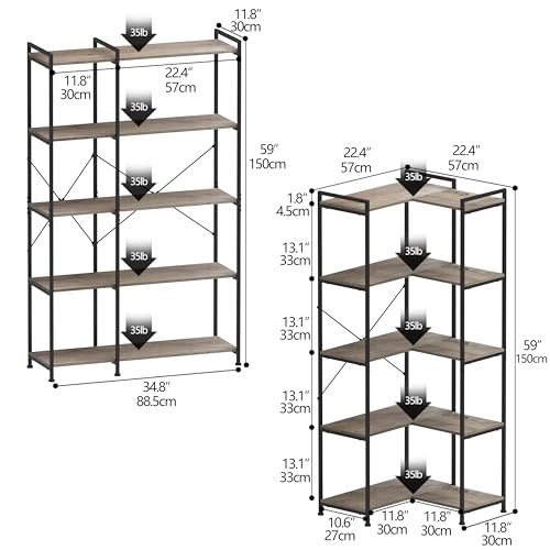 VEDECASA - Estantería esquinera de 5 estantes, gran estantería esquinera alta de 5 estantes, con marco de metal, estantes abiertos para sala de estar, dormitorio, oficina, gris vintage - imagen 2