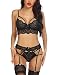 Lucyme Damen Dessous Set Unterwäsche Frauen Flirty Lingerie Sexy Babydoll Dessous Spitze BH und Slip Reizwäsche Push up BH + Panty + Strumpfhalter für Frauen Schwarz L