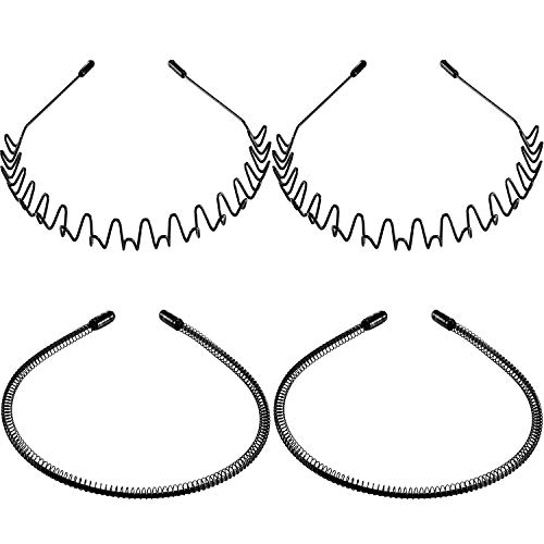 4 Pieces Metal Headband Men Hairband Unisex Hair Band Wavy Spring Headband Elastic Nonslip Sports Headband Black Slicked Back Headband for Men Women Hair Accessories