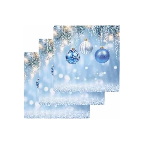 Ldtrchee Waffle Weave Dishcloth Kitchen Towels Sets, Blue Christmas 3 Pcs Microfiber Super Absorbent Towels, Christmas Balls Xmas Snowflake Fast Drying Lightweight Towels for Tea, 12" x 12" Cover
