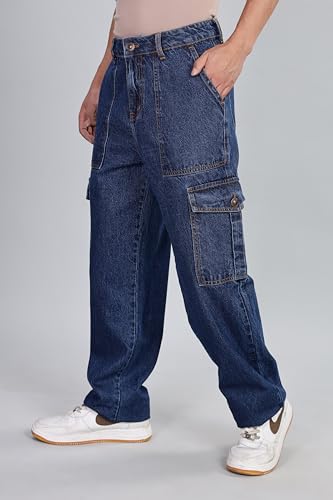 Image of INKD Men's Cargo Baggy Jeans - Mid-Rise | 100% Cotton | Contrast Stitch| 6 Pocket Styling | Baggy Jeans for Man | Loose fit & Comfortable (Available in Plus Sizes)