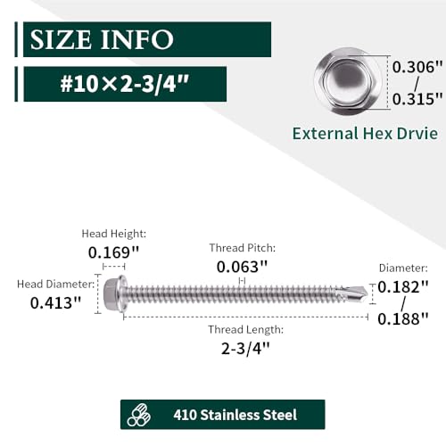 #10 x 2-3/4" (50 pcs) Hex Washer Head Self Drilling Screws, 410 Stainless Steel Metal Sheet Tek Screws, Self Tapping Point, No Pre-drilled Hole Needs