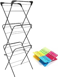 AAMEN 3 Tier Folding Clothes Airer With 20 Pegs, Foldable Metallic Clothes Dryer With 12m Drying Space, Laundry Rack, Washing Airer, Perfect For Indoor & Outdoor Use_ BLACK