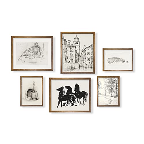 Rustic Modern Farmhouse Sketch Wall Art Decor - French Country Kitchen Print Poster - Black White Victoria Pictures Bathroom - Aesthetic Vintage Drawing Etching - Portrait Horse Forest Woodland Town #TOP5