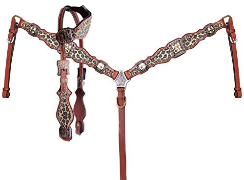 Showman Cheetah Print Leather Single Ear Headstall & Breast Collar Set w Reins! New Horse TACK!