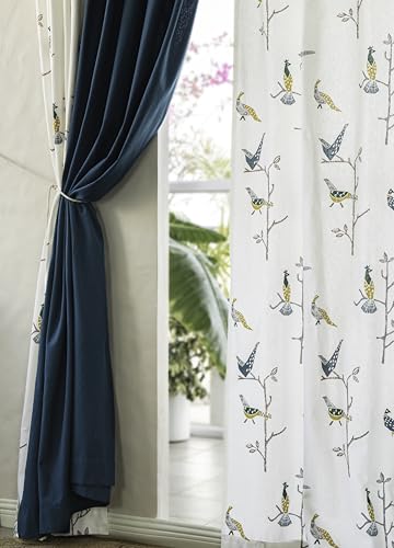 Image of Tranquebar Curtain Co. Window Curtains 5 Feet, 60-65% Room Darkening, Multicolor (Blue, Yellow) Bird Print, Cotton Curtains for Window, BackTab Loops, Design Shiri Green Combo (152 cm) - Set of 3