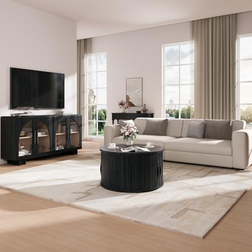 Image of JOINICE Round Lift Top Coffee Table with Storage for Living Room,Black | 31.5 inch Drum Design,Hidden Storage&Open Shelf,Modern Fluted Center Table for Small Apartments,Easy Assembly,Up to 150 lbs