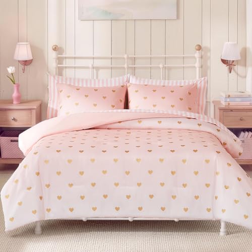 BLOOMHAVEN Twin Comforter Set with Sheets for Girls-5 Pieces Twin Bedding Sets with Pink Comforter Sheets Pillowcase & Sham for Kids (Pink Gold Heart 66 X 86)