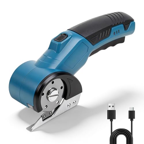 Kartonschneider Elektrisch, Elektrische Schere mit Elbstschärfender Klinge, 4.2V Cardboard Cutter mit LED-Licht & Ersatzklinge, Akku Schere für Pappe, Teppich, Stoff, Kunststoff
