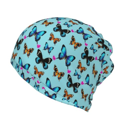Fashion Beanie Hats for Girls Boys, Gothic Black Butterflies Light Blue Butterfly Hedging Head Hat Skull Hat for Cycling Party, Stretch Sleep Cap Windproof Dancer Cap