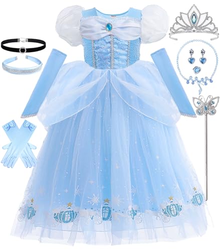 Snyemio Fantasia de Princesa para Cerimônia Menina, Vestido de Tul e Acessório para Festa, Aniversário, Halloween, Natal, Carnaval, Azul com Colar, 2-3 Anos (Etiqueta 100)
