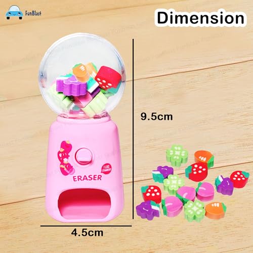 Image of FunBlast Machine Eraser Set - 15 Pcs Fruit Shaped Eraser Dispenser Toy, Mini Kawaii Erasers for Kids, Fancy Erasers for School & Office, Stationery Supplies, Birthday Return Gift for Kids (Pink)