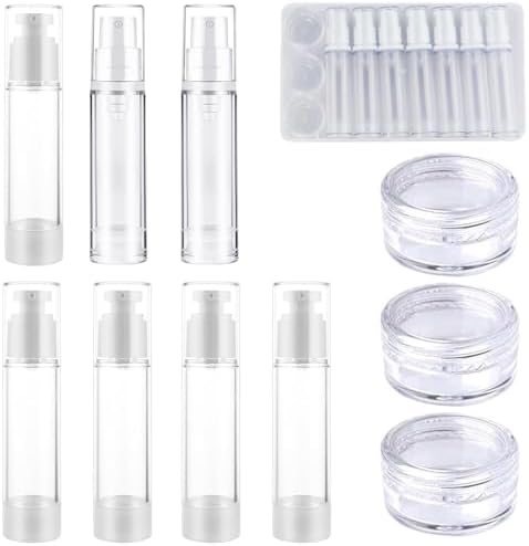 10ML Airless Pump Bottles, Vacuum Lotion Travel Bottles, Refillable Cosmetic Containers for DIY Foundation, Gel, Essence, Moisturiser, with Label and 5g Mini Cream Jars (10Pcs)