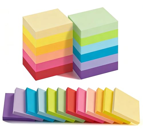 12 Stück Farbige Haftnotizen - 50 x 38mm Sticky Notes, Selbstklebende Haftnotizzettel Klebezettel bunt zettel farbig Notizblöcke für Büro Haus, 1200 Blatt insgesamt, 12 Farben