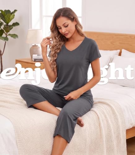 Image of ENJOYNIGHT Womens Pajama Sets Cotton Pj Set Short Sleeve Top With Capri Pants Sleepwear 2 Piece Lounge Set
