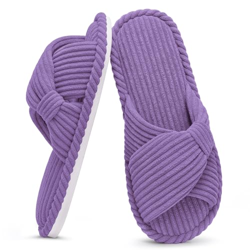 Image of Evshine Summer House Slippers for Women Corduroy Cross Bow Indoor Slippers Open Toe Slip On Bedroom Shoes with Memory Foam