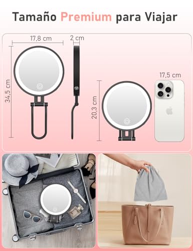 Robofun Espejo Maquillaje con Luz, 1X/10X Aumento y 3 Colores de Luz, Brillo Ajustable de 20%-100%, 3000mAh Carcasa De Metal - Negro - imagen 8