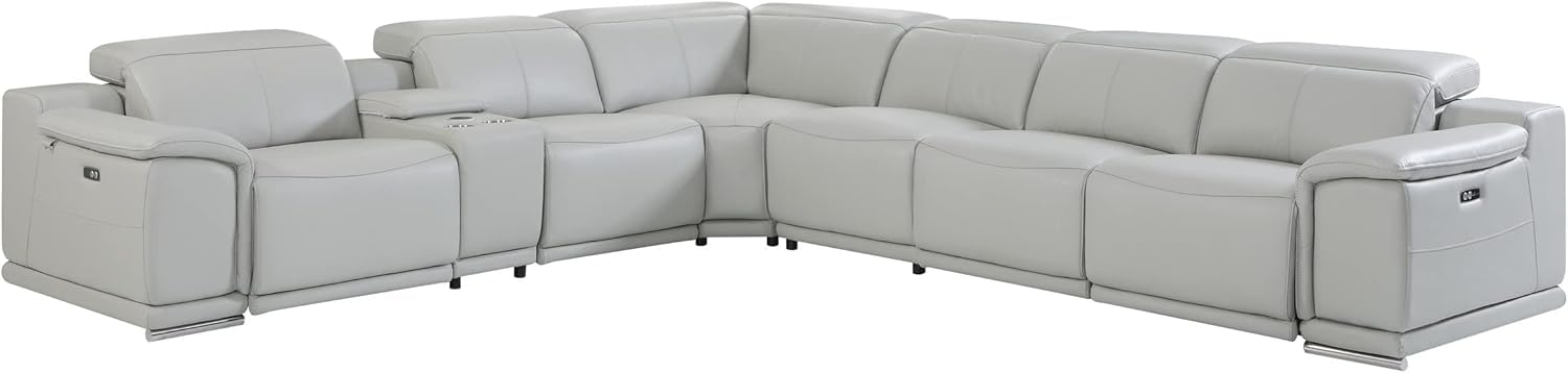 BlackJack Furniture Venice 7 Piece Top Grain Italian Leather Sectional Sofa with 3-Power Recliners, Adjustable Headrest, Lumbar Support, USB &amp; Wireless Charger, Large Storage, 1 Console, Light Grey