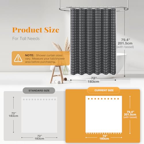 Image of BTTN 78 Inch Long Shower Curtain - Gray Boho Farmhouse Linen Ultra Thick Fabric Shower Curtain Set with Hooks, Tall Rustic Country Weighted Cloth Shower Curtains for Bathroom - Charcoal Grey - 72x78