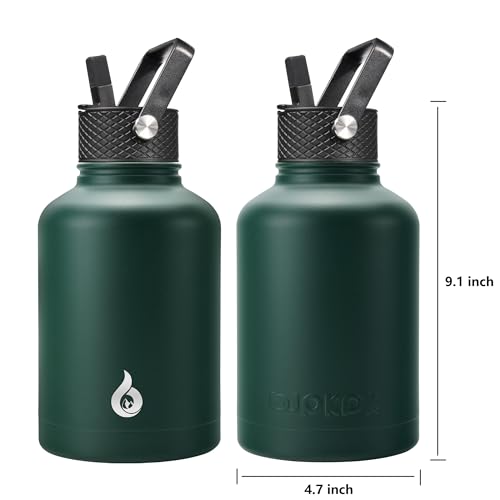 Image of BJPKPK Insulated Water Bottles with Straw Lid, 50oz Large Water Jug, Stainless Steel Vacuum Bottles, Hot & Cold Thermo with 3 Lids and Paracord Handle,Army Green