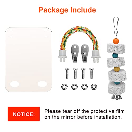 Image of AHIER 7 Inch Bird Mirror with Rope Perch, Bird Toys Swing Parrot Grinding Stone with Bell for Parakeet Cockatoo Cockatiel Lovebirds Canaries (Pack of 2)