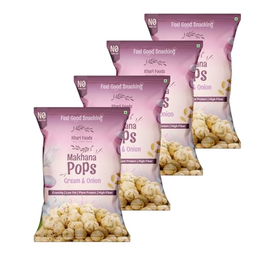 Khari Foods Premium Flavoured Makhana 25g, Crunchy & Roasted Makhana Pops, Protein Source, Fibre Rich, No Palm Oil, Gluten Free (Cream & Onion Pack 4)