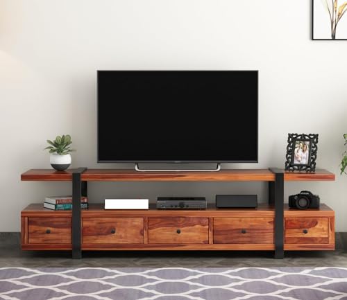Image of Rustic Sheesham Wood & Metal TV Unit with 5 Drawers, 1 Shelf, and Storage for up to 70-Inch TV - Perfect for Living Room(Henry,Honey Finish)