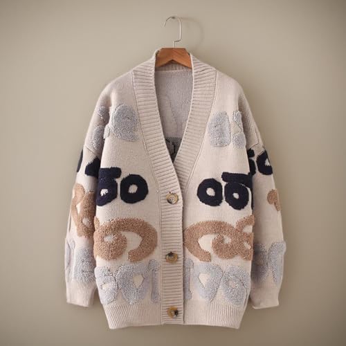 TIAFORD Womens Knitted Letter Cardigan Button Down V Neck Casual Loose Long Sleeve Jacket Women Open Knit Sweater2