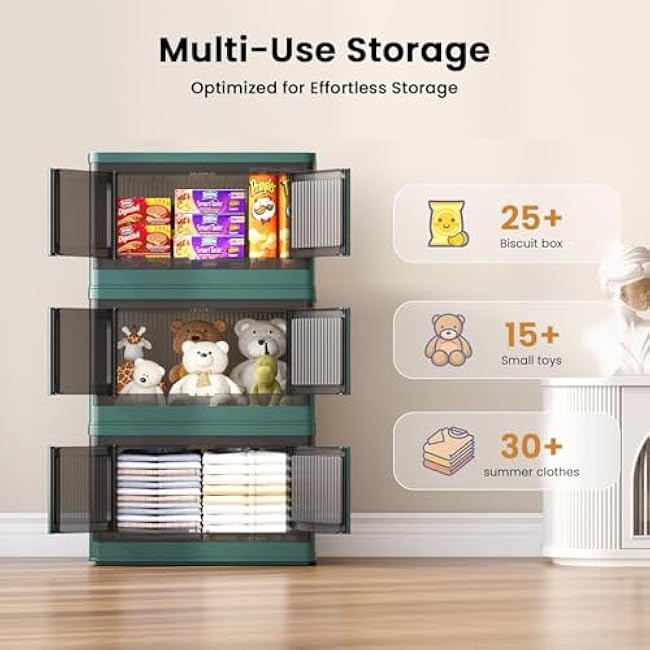 8.4Gal Collapsible Storage Bins with Lids & Wheels - 4 Pack Stackable with Doors, Heavy-Duty Plastic Containers for Home/Office, Green