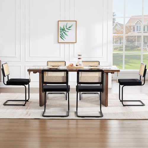 Image of Zesthouse Rattan Dining Chairs Set of 6, Mid Century Modern Dining Room Chairs with Natural Cane Mesh & Black Base, Black Cesca Chair Velvet Fabric, Farmhouse Kitchen Chair with Solid Wood Frame Back