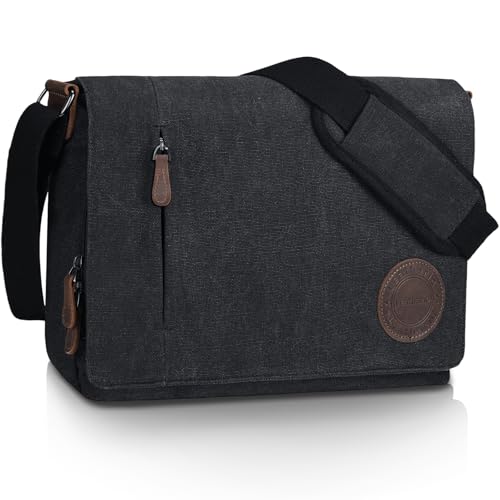 Leathario Umhängetasche Herren 14 Zoll, Messenger Bag aus Echtleder und Canvas, Arbeitstasche Studententasche Laptoptasche Schultertasche Kuriertasche Collegetasche Uni Studenten，Arbeit Schwarz