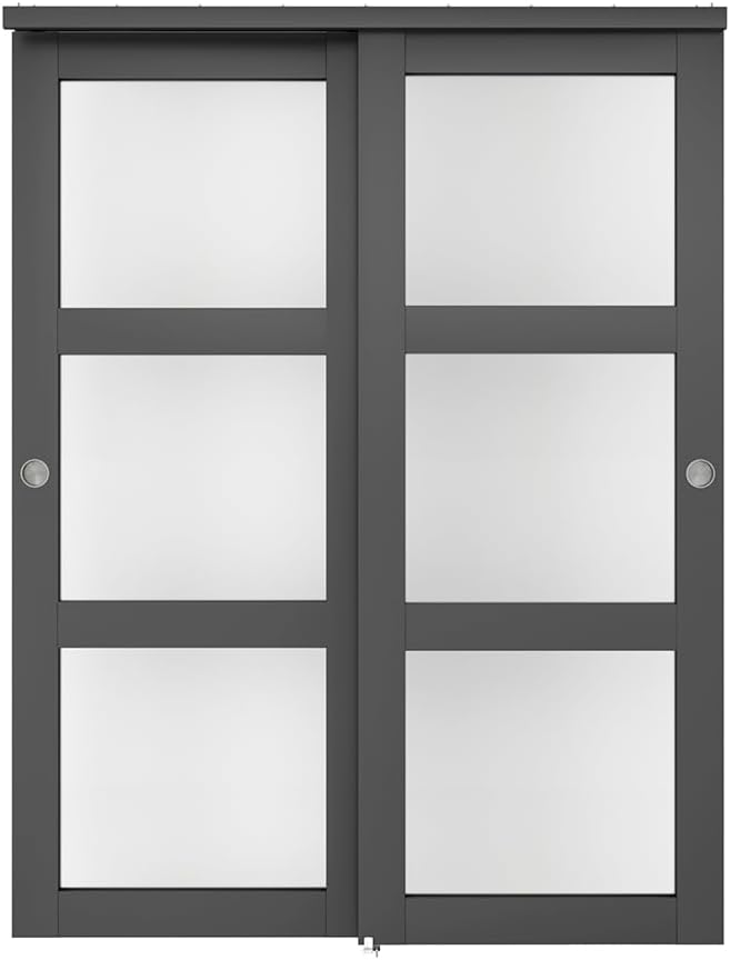 60 in. x 80 in. 3-Lite Frosted Tempered Glass Sliding Double Bypass Closet Doors with Installation Hardware Kit