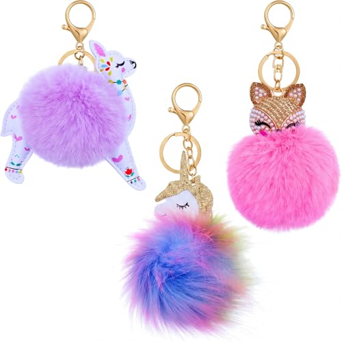 WILLBOND 3 Pieces Cute Animal Unicorn Pom Pom Keychain Faux...