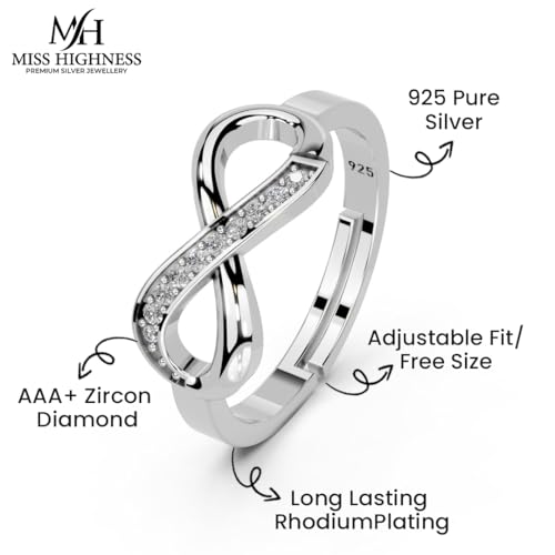 Image of Miss Highness 925 Sterling Pure Silver Ring for Women, Infinity Rings, Adjustable Size, Daily Wear Silver Jewellery, with Certificate of Authenticity, Birthday, Anniversary, Gift for Wife & Girlfriend