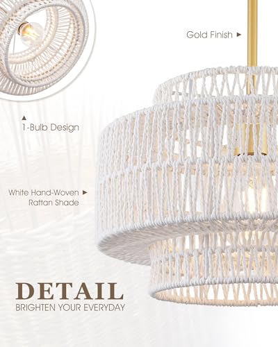 Image of 12.5 inch Boho Rattan Chandelier, Gold Finish, AD-25050-1P-WH | 1-Light 3-Tier Hand Woven Pendant Light Fixture, White Hanging Light for Entryway Bedroom Hallway, Adjustable Height
