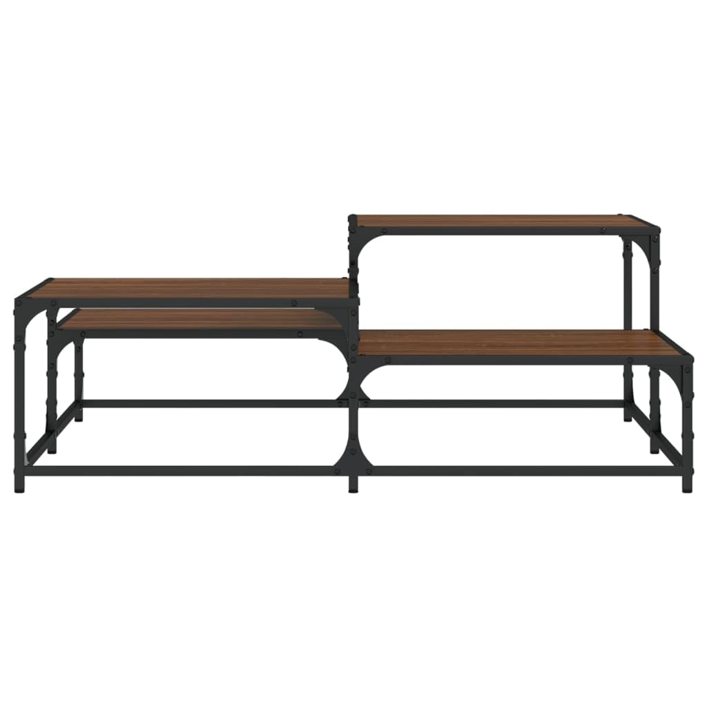 Stolik kawowy, brązowy, imitacja dębu, materiał drewnopochodny i metal, 107 x 107 x 40 cm, kwadratowy, z regulowanymi nogami i stabilnym blatem stołu, do salonu, na sofę, do biura