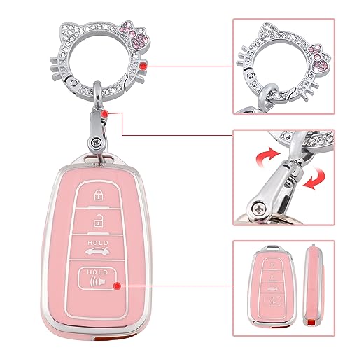 Image of Pangpai Pink Key Fob Cover for Toyota, Soft TPU Key Case Protection with Bling Keychain Fit for 2018-2022 Camry RAV4 Highlander Avalon C-HR Prius Corolla GT86 Smart Key Holder